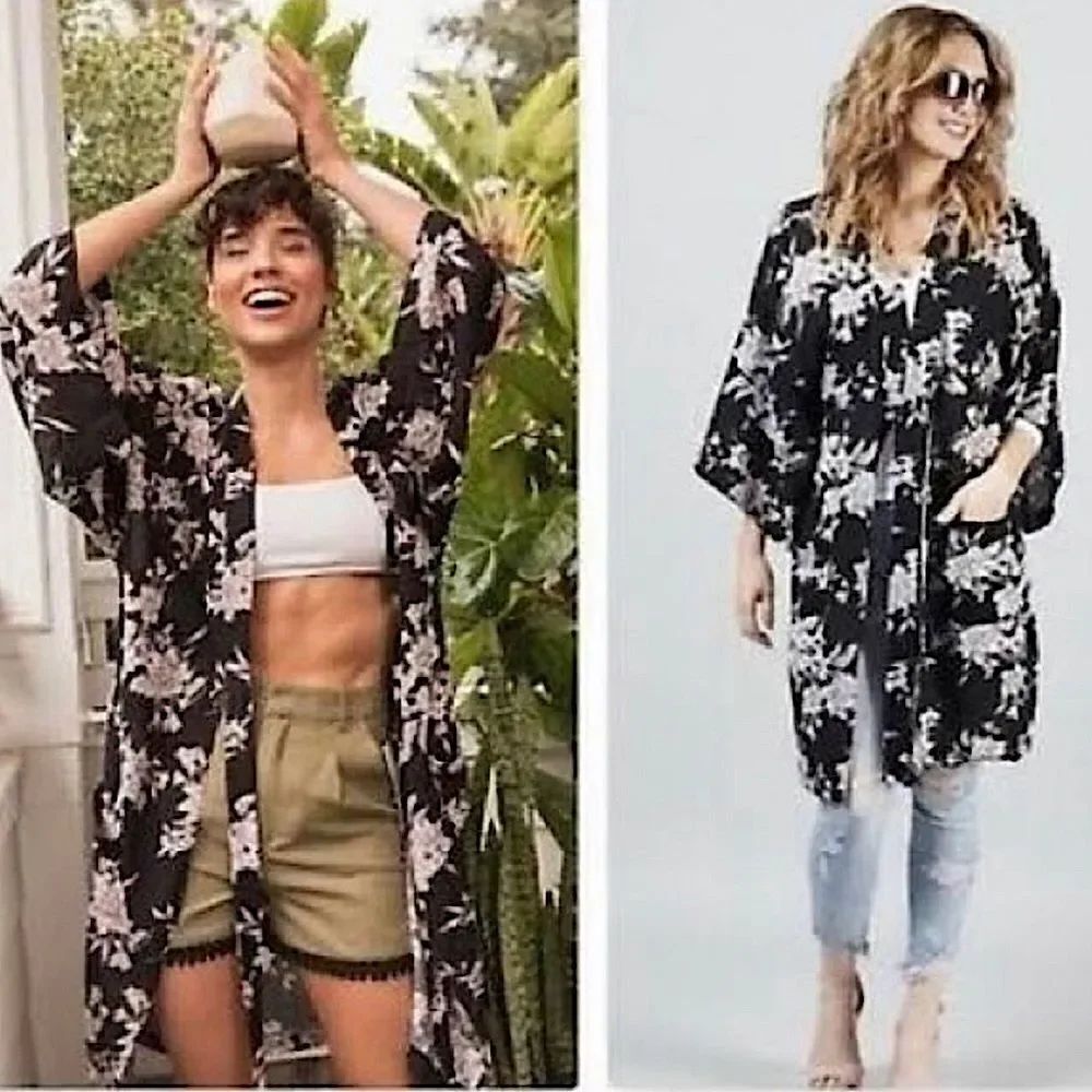 Spiritual Gangster black floral beachy coastal maya kimono swim coverup robe